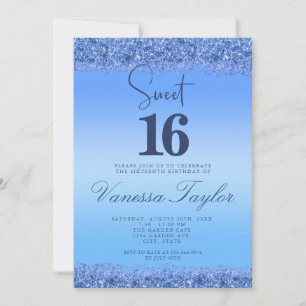 Convite Blue Faux Glitter Sweet 16 Aniversário