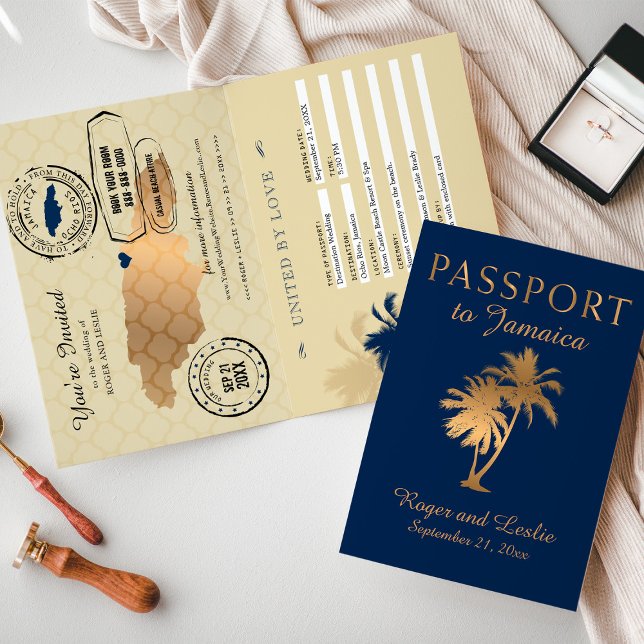 Convite Blue Faux Gold Foil Jamaica Wedding Passport Invit (Criador carregado)