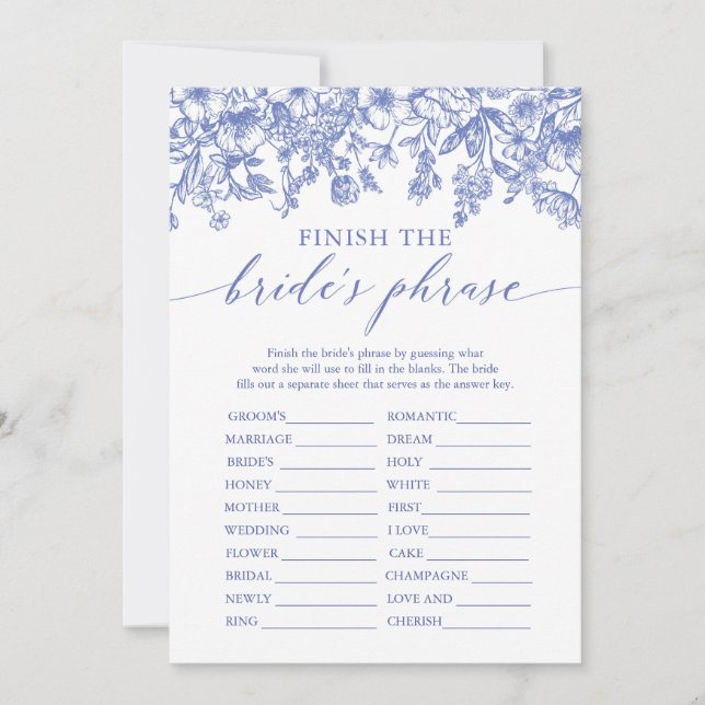 Convite Blue Finish the Bride Phrase Chá de panela Game (Frente)