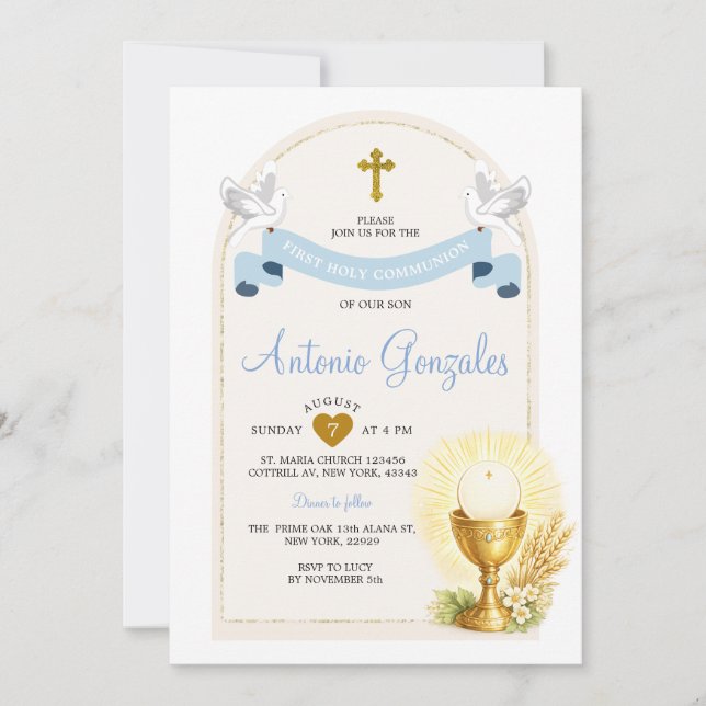 Convite Blue First Holy Communion Invitation (Frente)