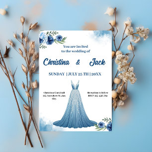Convite Blue Flora Desenho de Vestido Elegante Casamento