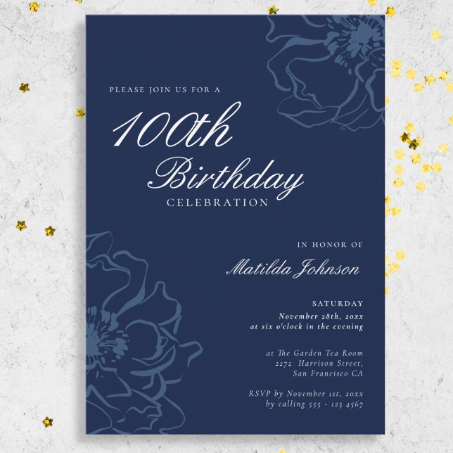 Convite Blue Floral 100th Festa de aniversário (Blue Floral 100th Birthday Party Invitation)