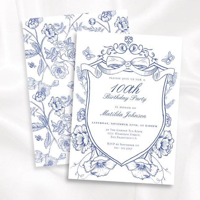 Convite Blue Floral 100th Festa de aniversário (Blue Floral 100th Birthday Party Invitation)