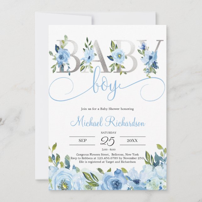 Convite Blue Floral and Silver Foil Boho (Frente)