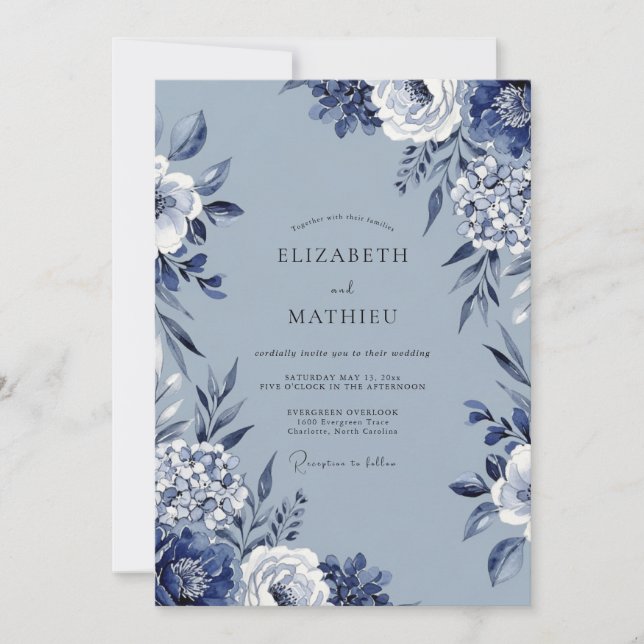 Convite Blue Floral Artistic Flourish Wedding (Frente)