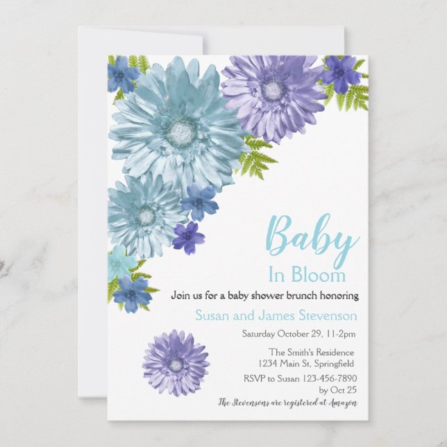Convite Blue Floral Baby In Bloom Brunch Chá (Frente)