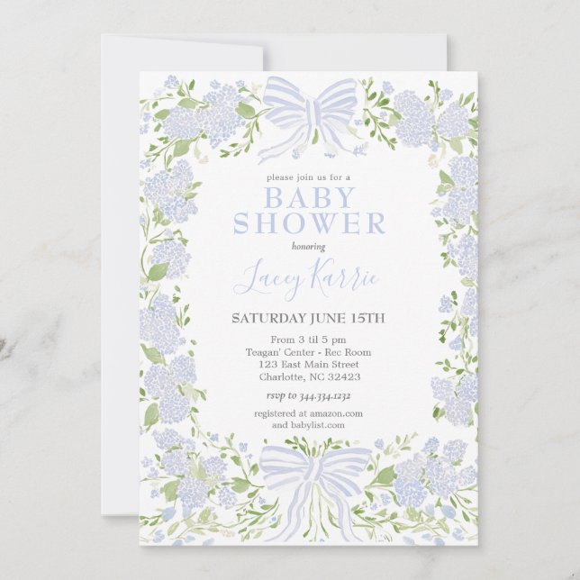 Convite Blue Floral Baby Shower Invitation,  (Frente)