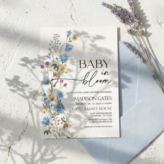 Convite Blue Floral Baby Shower Invitation, Baby in Bloom  (Criador carregado)