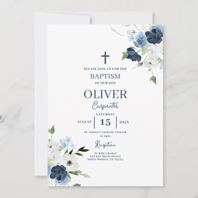 Convite Blue Floral Baptism Boy (Frente)