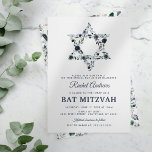 Convite Blue Floral Bat Mitzvah<br><div class="desc">Convite para comemoração Elegante mitzvah com um simples fundo branco que pode ser mudado para qualquer cor,  uma estrela azul-aquática floral de david,  e um modelo moderno bat mitzvah que é fácil de personalizar.</div>
