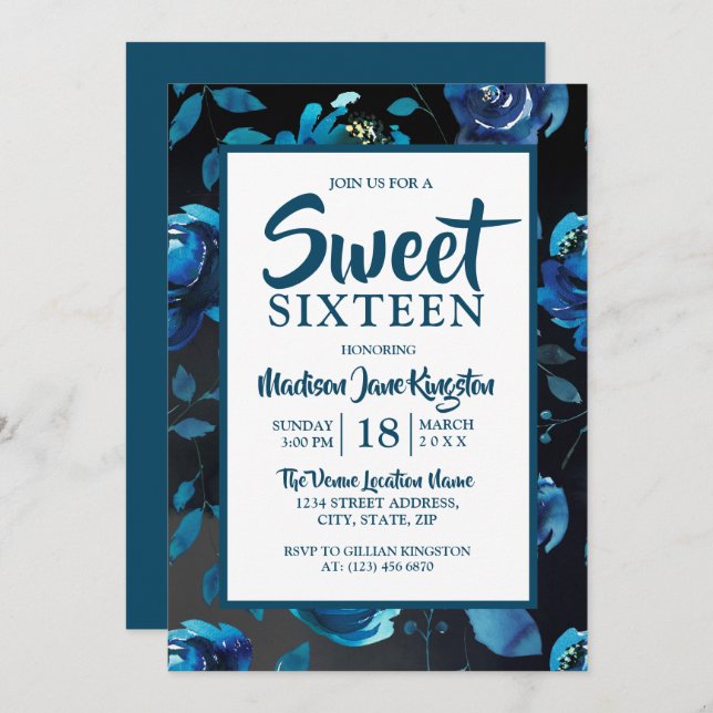 Convite Blue Floral Black Elegant Sweet 16 da meia-noite C (Frente/Verso)