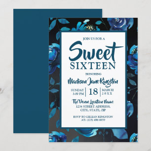 Convite Blue Floral Black Elegant Sweet 16 da meia-noite C