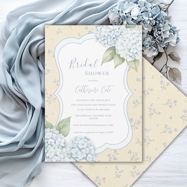Convite Blue Floral Blue Hydrangea Yellow Bridal Shower  (Criador carregado)