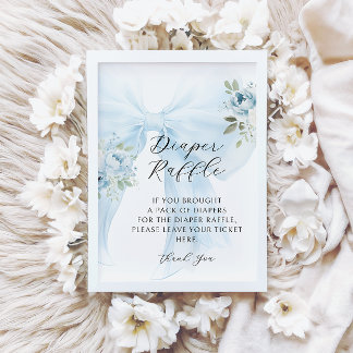 Convite Blue Floral Bow Coquette Diaper Raffle Baby Shower