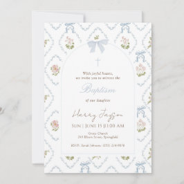 Convite Blue Floral Bow Elegant Christian Girl Baptism
