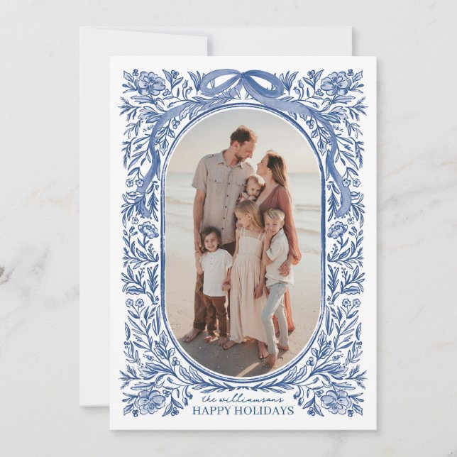 Convite Blue Floral & Bow Holiday Photo Card (Frente)