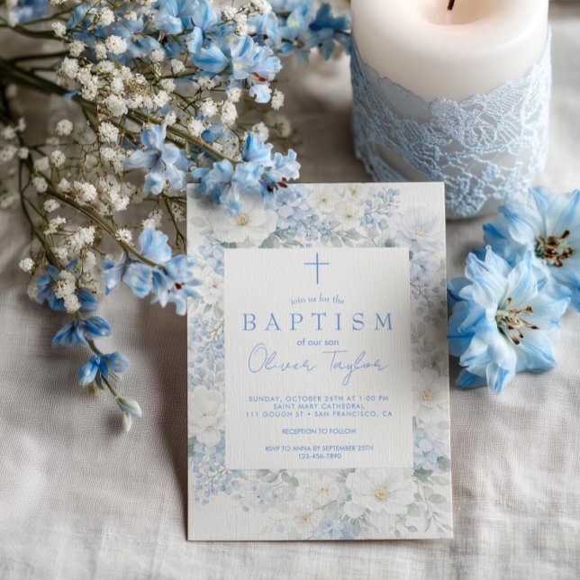 Convite Blue Floral  Boy  Baptism (Criador carregado)