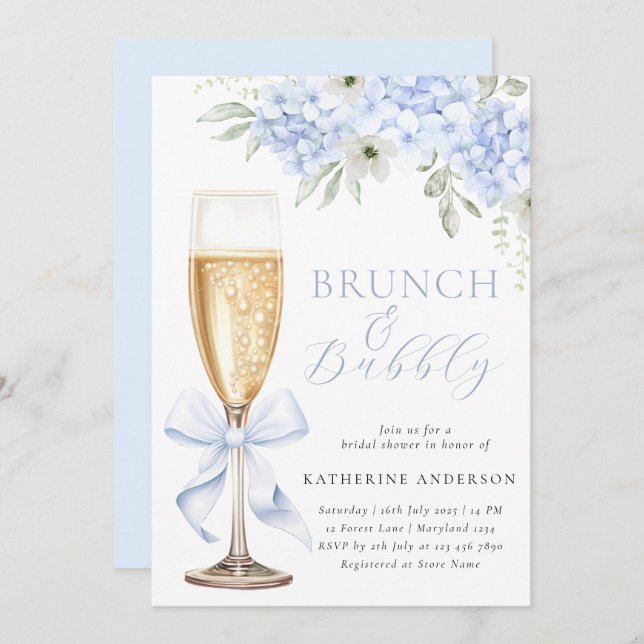 Convite Blue Floral Bridal Brunch Shower Invitation (Frente/Verso)
