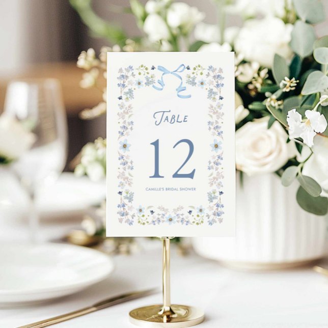 Convite Blue Floral Bridal Shower Table Number Card (Blue Bow and Floral Table Number Card)