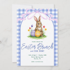 Convite Blue Floral Bunny Watercolor Gingham Ribbon Easter