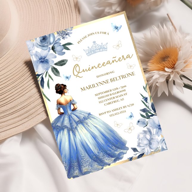 Convite Blue Floral Butterfly Quinceañera (Criador carregado)
