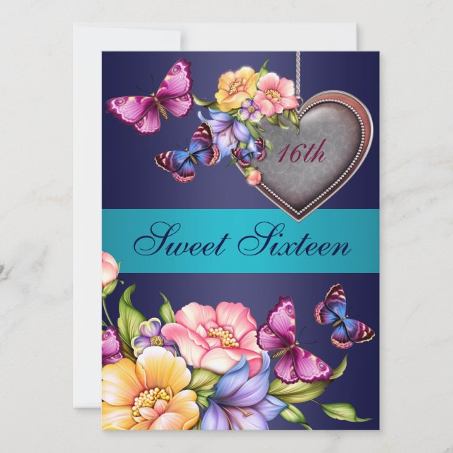Convite Blue Floral Butterfly Sweet16 Birthday Invite (Frente)