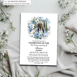 Convite Blue Floral Celebration Of Life 1 Photo Funeral