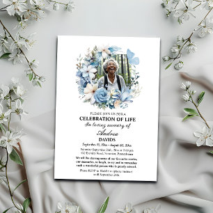 Convite Blue Floral Celebration Of Life 1 Photo Funeral