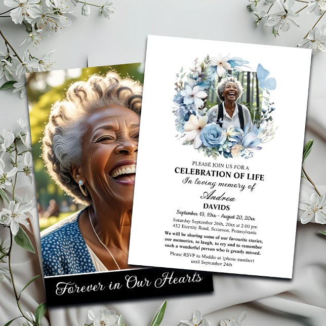 Convite Blue Floral Celebration Of Life 2 Photos Funeral  (Criador carregado)