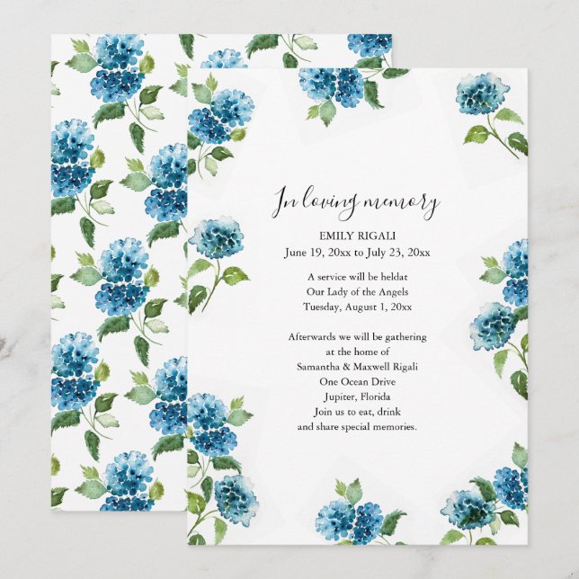Convite Blue Floral Celebration of Life Invitations (Frente/Verso)