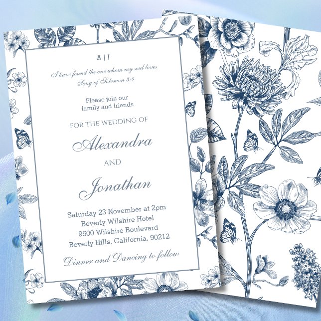 Convite Blue Floral Chinoiserie Christian Wedding  (Criador carregado)