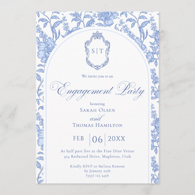 Convite Blue Floral Chinoiserie Monogram Engagement Party (Frente)