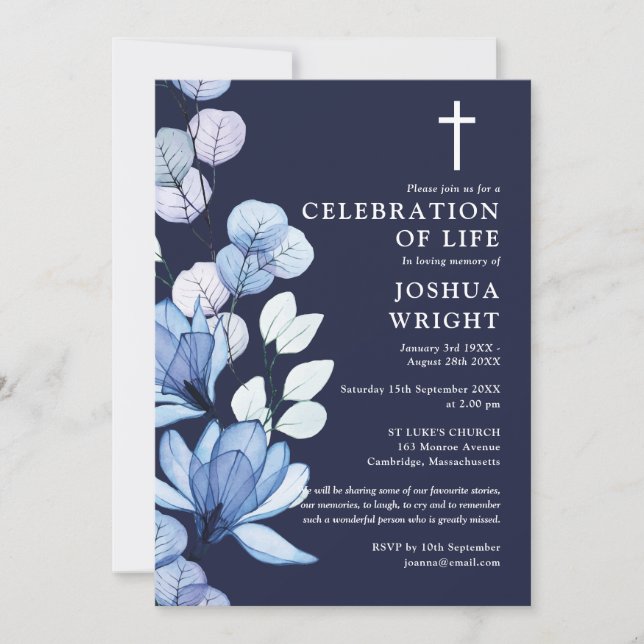 Convite Blue Floral Christian Celebration Of Life Funeral (Frente)