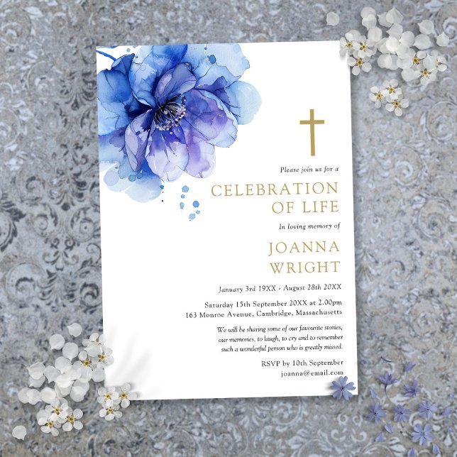 Convite Blue Floral Christian Celebration Of Life Funeral (Blue Floral Christian Celebration Of Life Funeral Invitation)