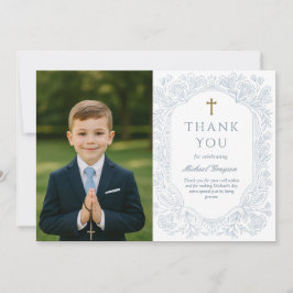Convite Blue Floral Communion Thank You Card