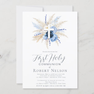 Convite Blue Floral Cross First Communance