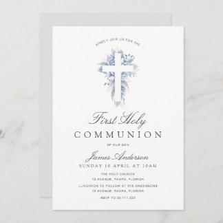 Convite blue floral cross first holy communion invitation