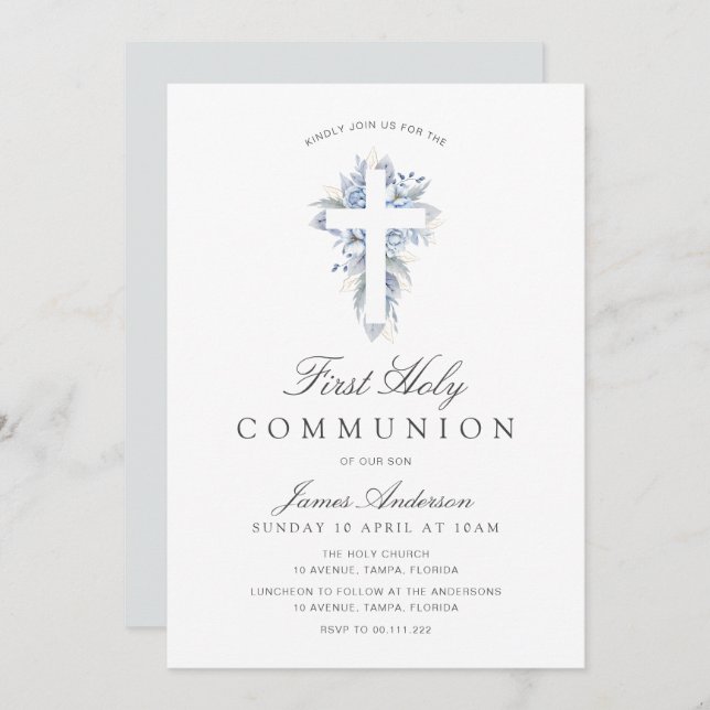 Convite blue floral cross first holy communion invitation (Frente/Verso)