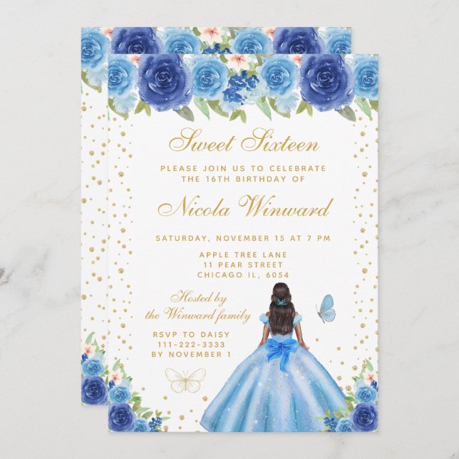 Convite Blue Floral Dark Skin Princess Sweet Sixteen (Frente/Verso)