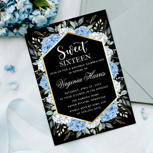 Convite Blue Floral deixa Black Sweet dezesseis e dezessei