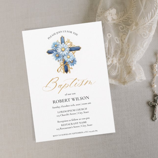 Convite Blue Floral Dourado Cross Boy Christening Baptism (Criador carregado)