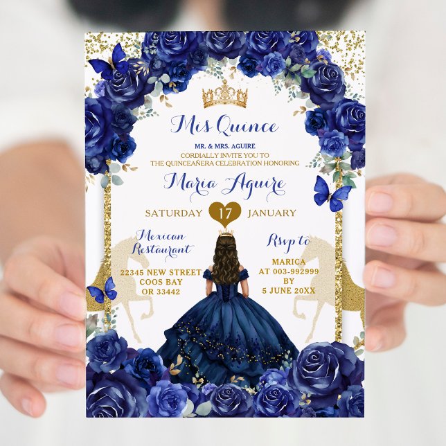 Convite Blue Floral Dourado Horse Princess Quinceañera (Criador carregado)