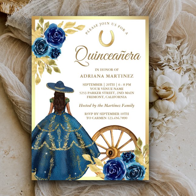 Convite Blue Floral Dress Charro Western Dourado Quinceane (Criador carregado)