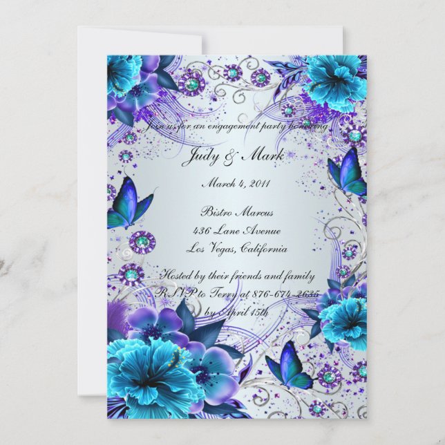 Convite Blue Floral e Butterfly Festa de noivado Invite (Frente)