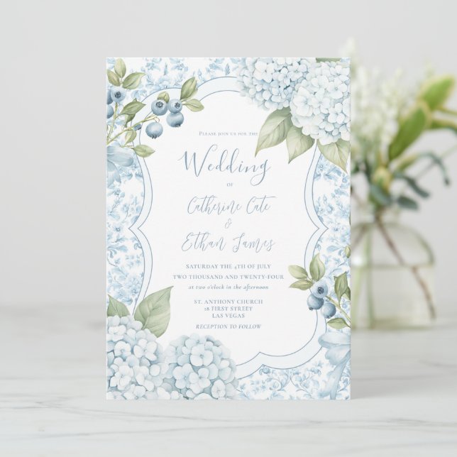 Convite Blue Floral Elegant Blue Hydrangea Wedding  (Em pé/Frente)