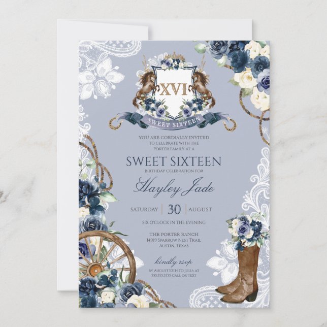 Convite Blue Floral & Elegant Crest Ranch Sweet 16 (Frente)
