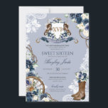 Convite Blue Floral & Elegant Crest Ranch Sweet 16<br><div class="desc">Design russo elegante com um tema charro/cowboy/rancho. Apresentando uma bela crista,  luxe rosa e branco florais e bonito botas de cowboy/cowboy</div>