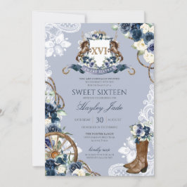 Convite Blue Floral & Elegant Crest Ranch Sweet 16