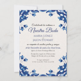 Convite Blue Floral Elegant Fiesta Spanish Wedding