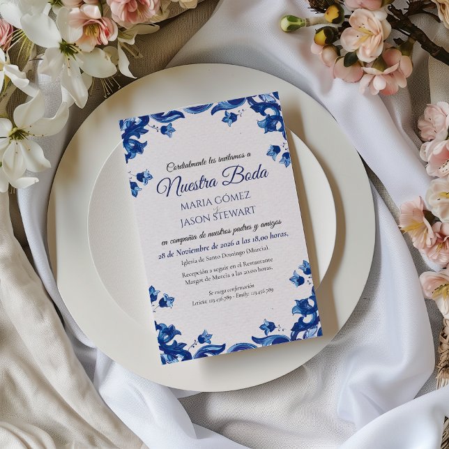 Convite Blue Floral Elegant Fiesta Spanish Wedding (Blue Floral Elegant Fiesta Spanish Wedding Invitation)